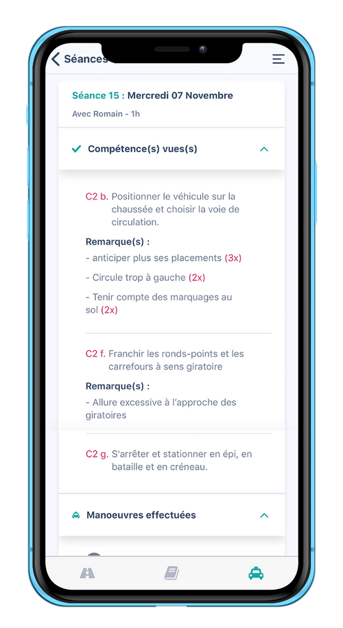 Écran du bilan d'une séance : les compétences vues et les remarques de l'enseignant