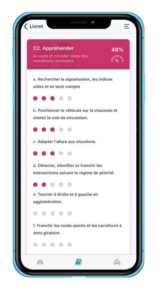 Écran du livret d'apprentissage : une compétence du programme, avancée à 48 %, détaillée point par point