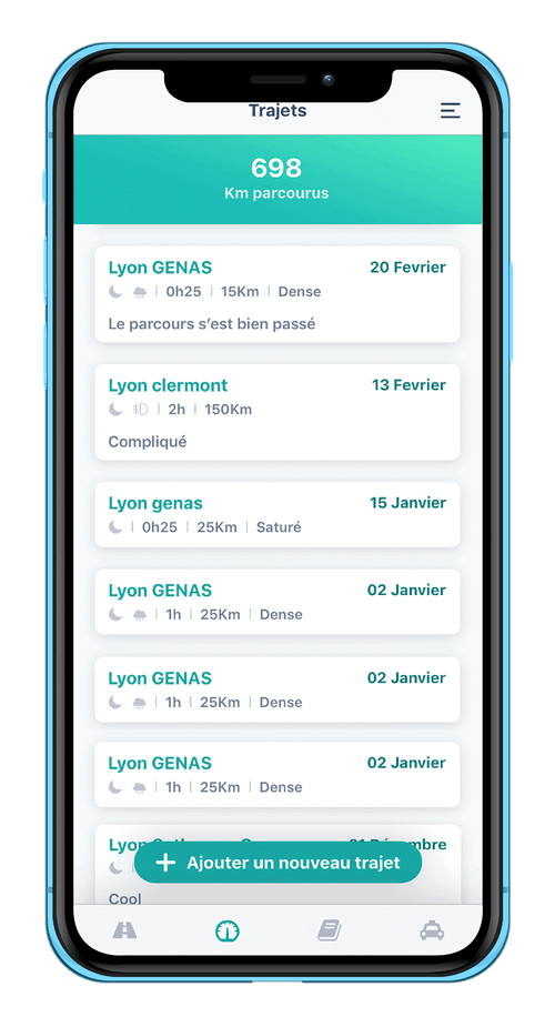 Écran du carnet de trajets : kilomètres parcourus et liste des sorties en conduite accompagnée